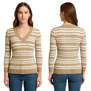 Y2K Preppy Striped Sweater Womens Medium Cable Knit V-Neck Retro Academia
